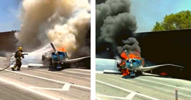 Skræmmende video viser et flystyrt, der lander på californisk vejbane og bryder ud i flammer