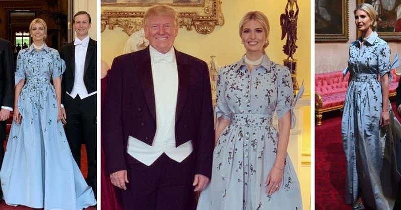 Ivanka Trump atordoa em um vestido simples Carolina Herrera azul para o primeiro banquete estadual no Palácio de Buckingham